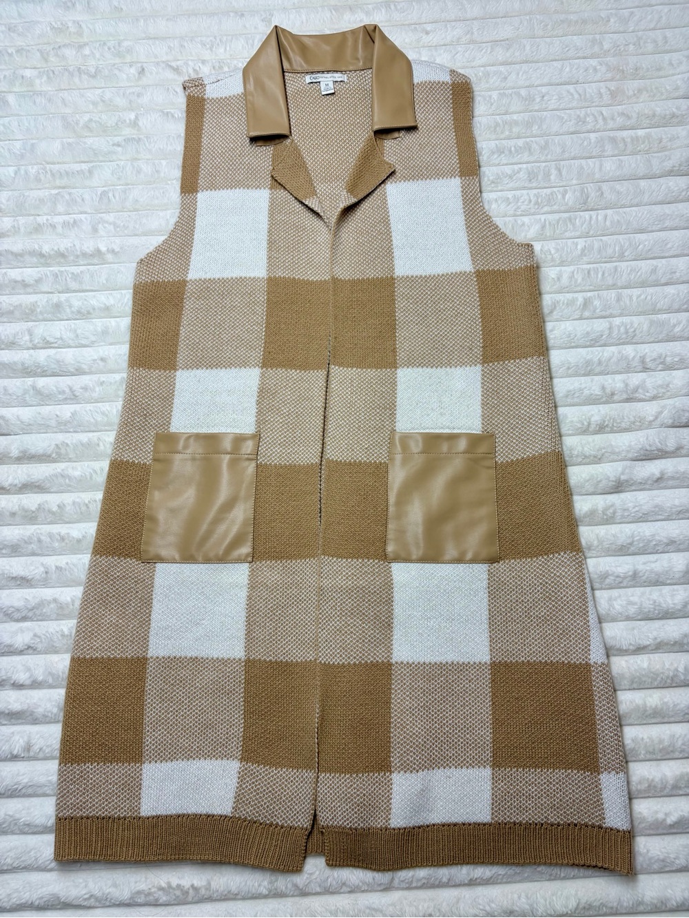 Cato Tan and Cream Check Knit Vest with Faux Leather Collar